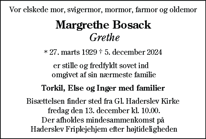 Dødsannonce for Margrethe Bosack