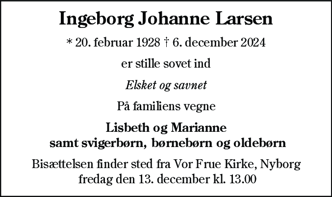 Dødsannonce for Ingeborg Johanne Larsen