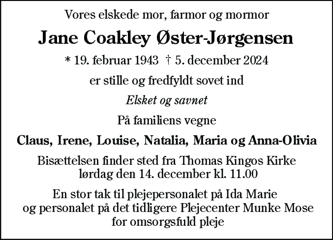 Dødsannonce for Jane Coakley Øster-Jørgensen