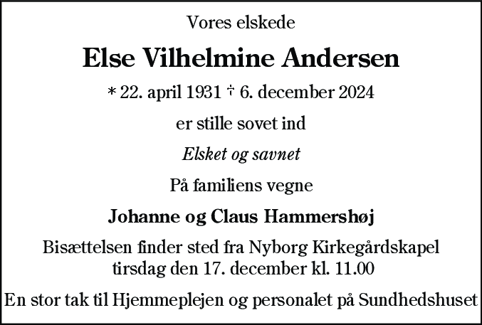 Dødsannonce for Else Vilhelmine Andersen
