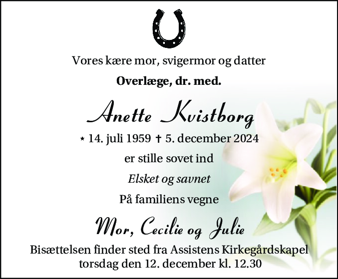 Dødsannonce for Anette Kvistborg