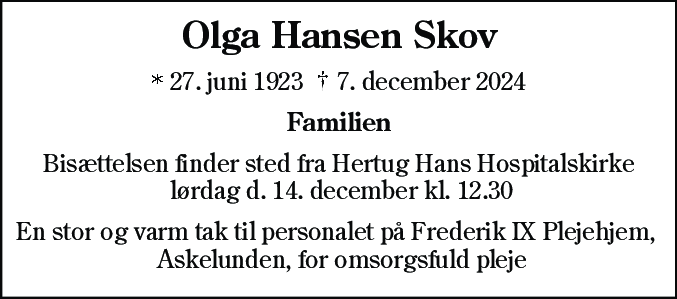 Dødsannonce for Olga Hansen Skov