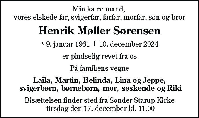 Dødsannonce for Henrik Møller Sørensen