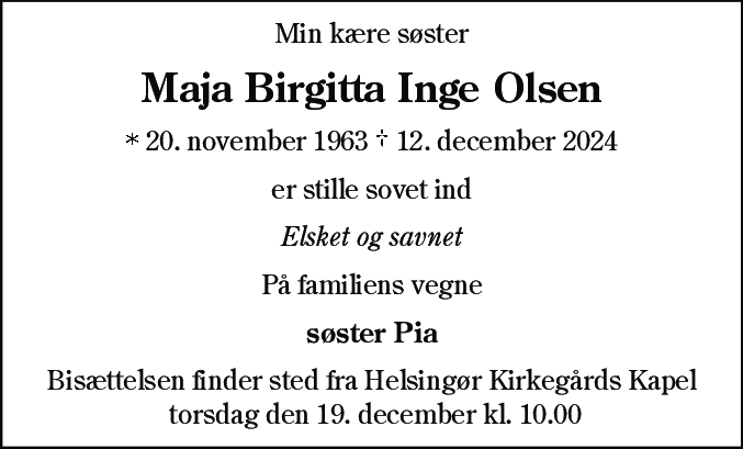 Dødsannonce for Maja Birgitta Inge Olsen
