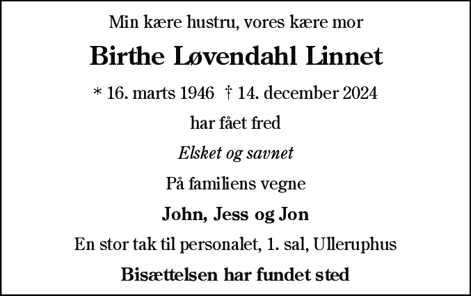 Dødsannonce for Birthe Løvendahl Linnet