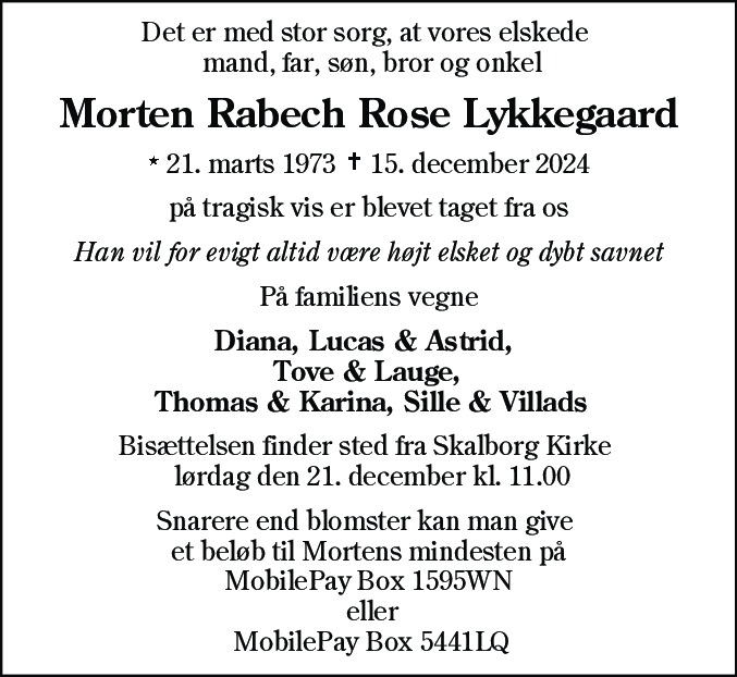 Dødsannonce for Morten Rabech Rose Lykkegaard