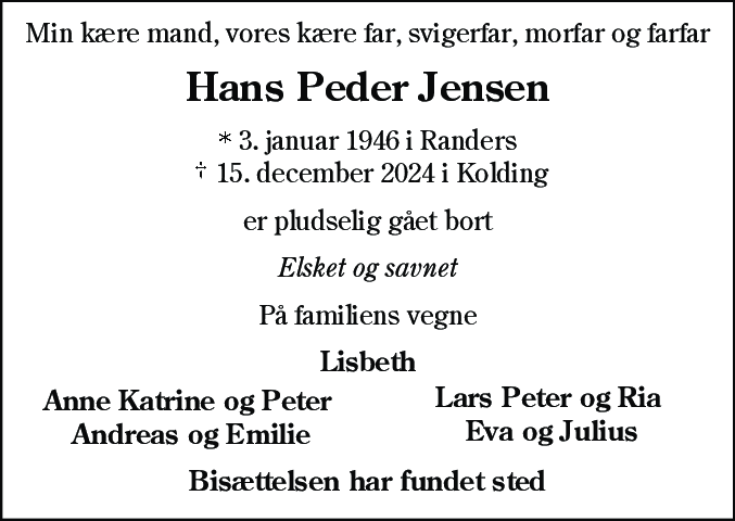 Dødsannonce for Hans Peder Jensen