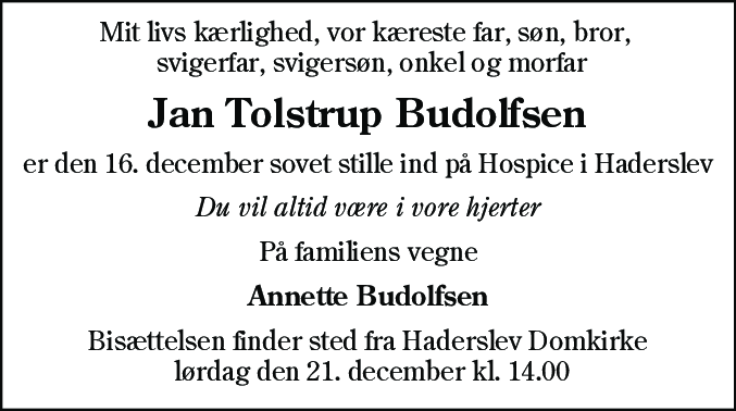 Dødsannonce for Jan Tolstrup Budolfsen