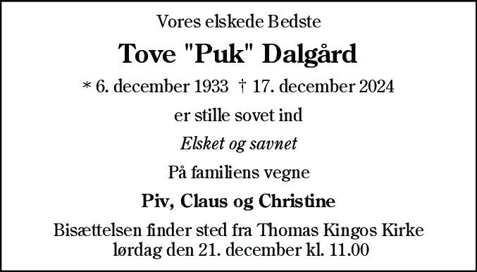 Dødsannonce for Tove Dalgård