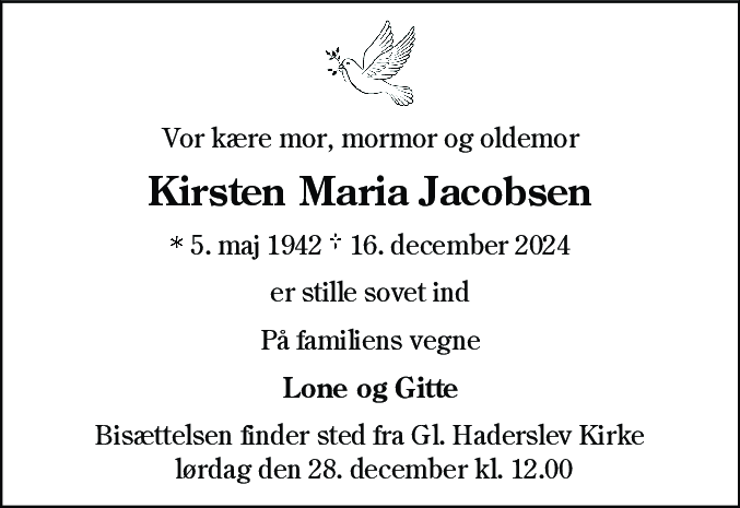 Dødsannonce for Kirsten Maria Jacobsen