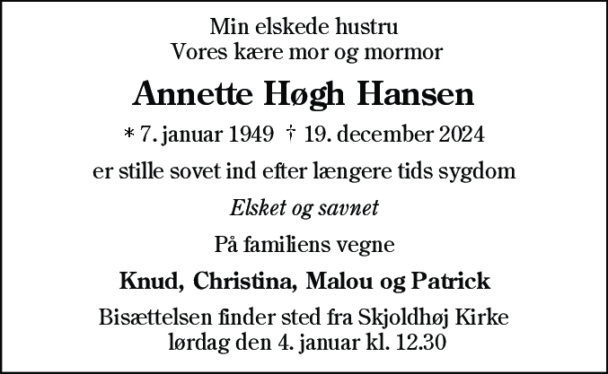 Dødsannonce for Annette Høgh Hansen