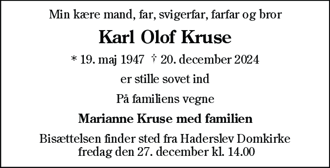 Dødsannonce for Karl Olof Kruse