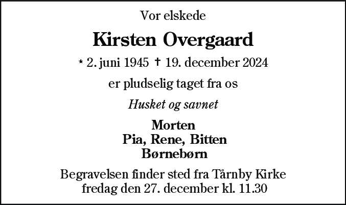 Dødsannonce for Kirsten Overgaard