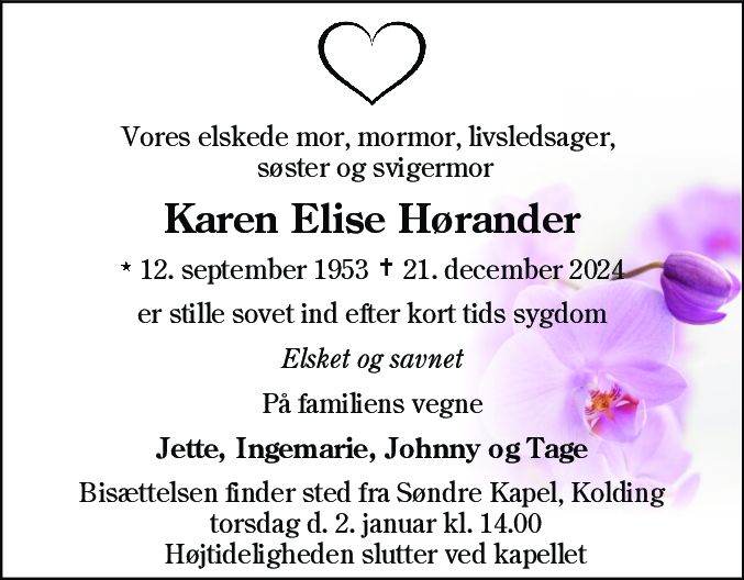 Dødsannonce for Karen Elise Hørander