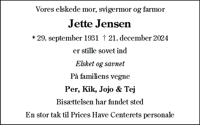 Dødsannonce for Jette Jensen