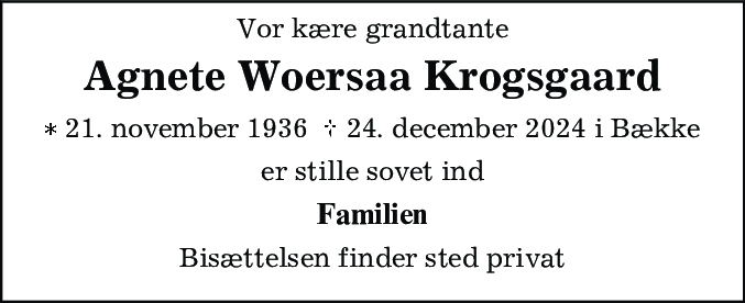 Dødsannonce for Agnete Woersaa Krogsgaard