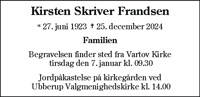 Dødsannonce for Kirsten Skriver Frandsen