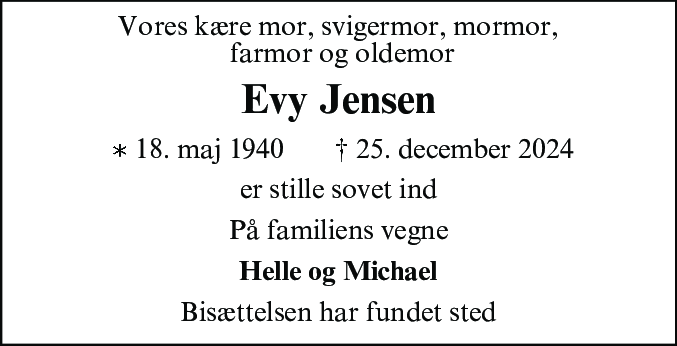 Dødsannonce for Evy Jensen