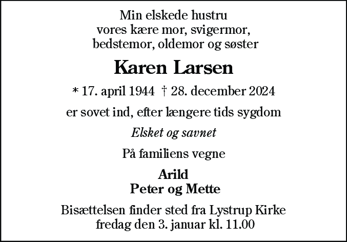 Dødsannonce for Karen Margrethe Larsen