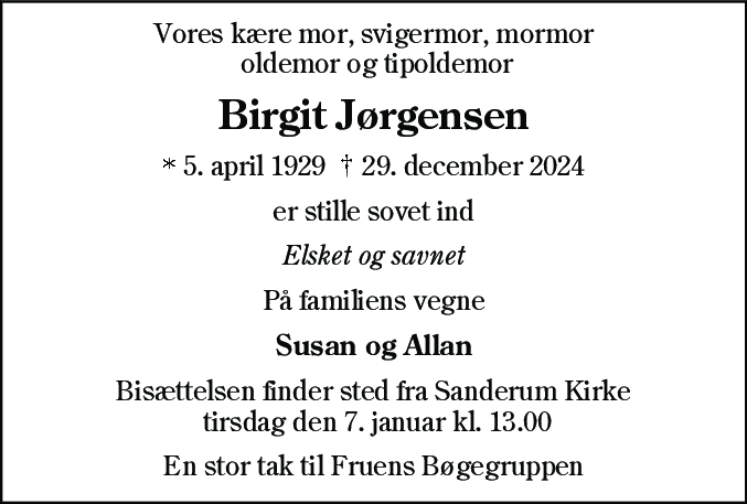 Dødsannonce for Karen Birgit Jørgensen