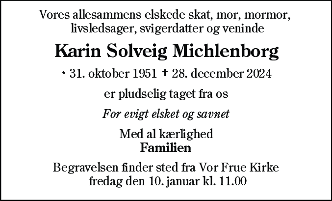 Dødsannonce for Karin Solveig Michlenborg