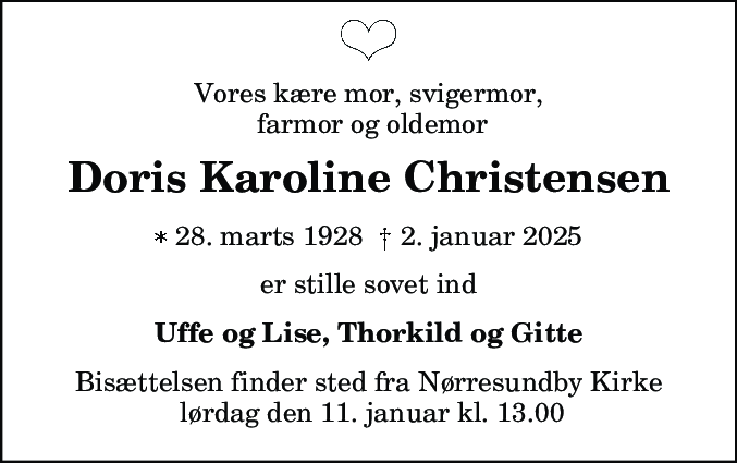 Dødsannonce for Doris Karoline Christensen