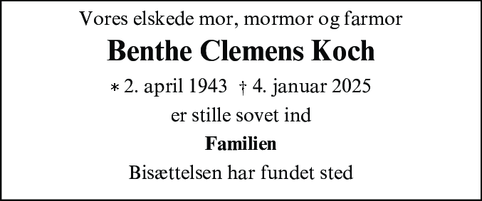 Dødsannonce for Benthe Clemens Koch