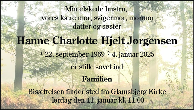 Dødsannonce for Hanne Charlotte Hjelt Jørgensen