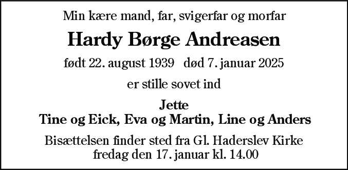 Dødsannonce for Hardy Børge Andreasen