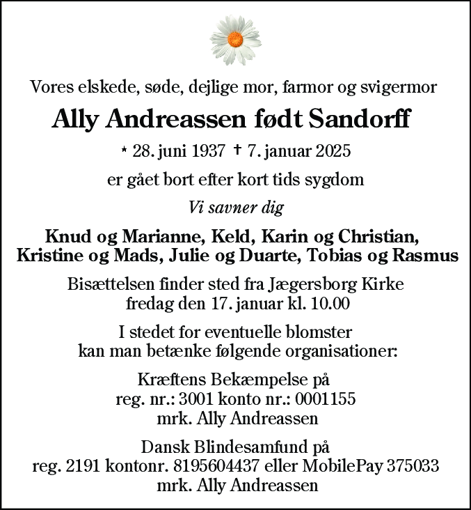Dødsannonce for Ally Andreassen