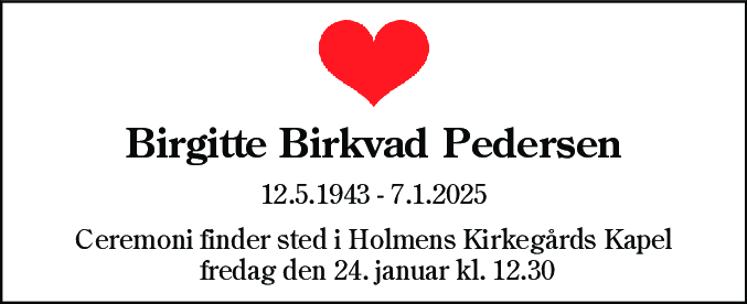 Dødsannonce for Birgitte Birkvad Pedersen