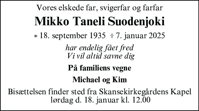 Dødsannonce for Mikko Tanelli Suodenjoki