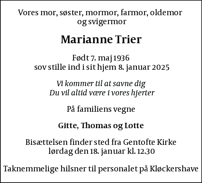 Dødsannonce for Marianne Trier