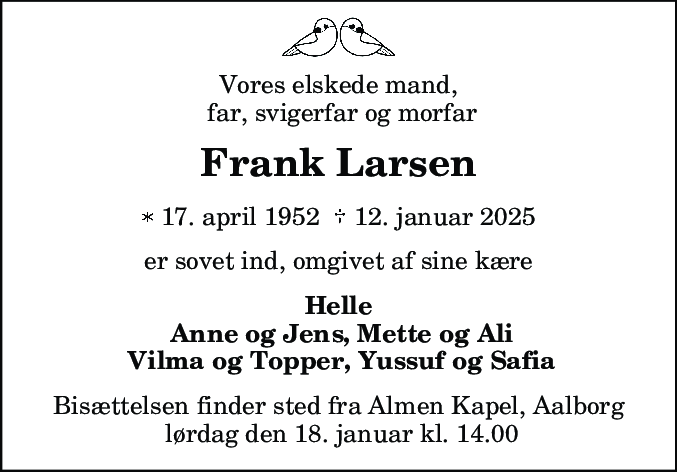 Dødsannonce for Frank Larsen