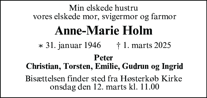 Dødsannonce for Anne-Marie Holm