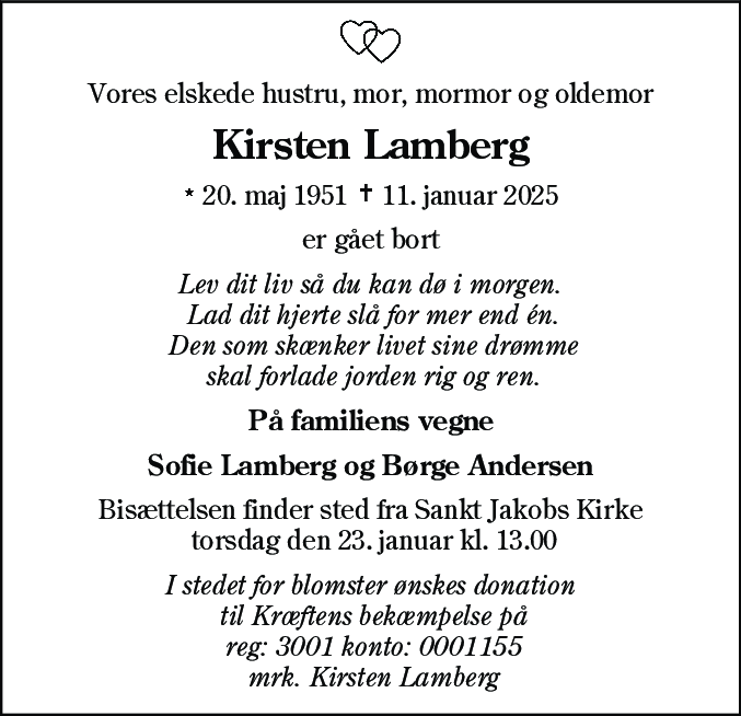 Dødsannonce for Kirsten Lamberg