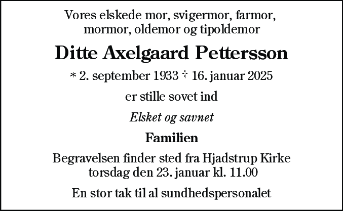 Dødsannonce for Ditte Axelgaard Pettersson