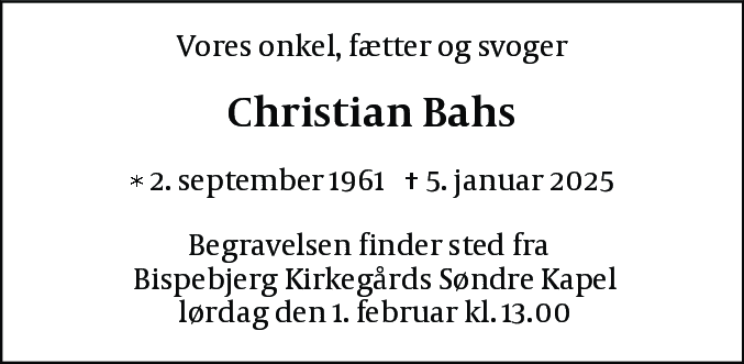 Dødsannonce for Christian Bahs