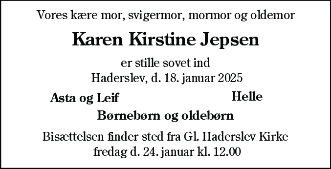 Dødsannonce for Karen Kirstine Jepsen