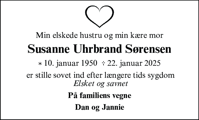 Dødsannonce for Susanne Anna Marie Elisabeth Uhrbrand Sørensen