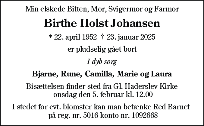 Dødsannonce for Birthe Holst Johansen