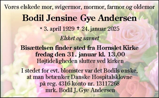 Dødsannonce for Bodil Jensine Gye Andersen