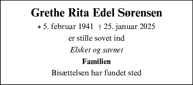 Dødsannonce for Grethe Rita Edel Sørensen