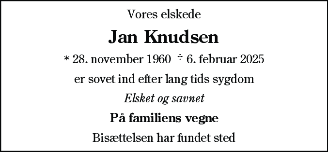 Dødsannonce for Jan Knudsen