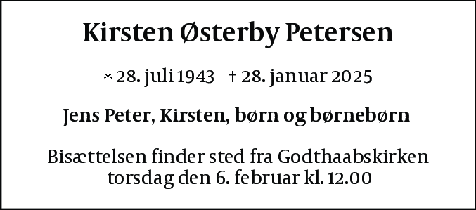 Dødsannonce for Kirsten Østerby Petersen