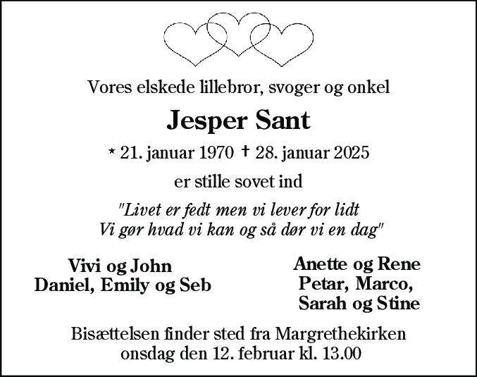 Dødsannonce for Jesper Sant