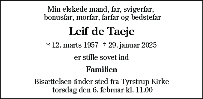 Dødsannonce for Leif de Taeje