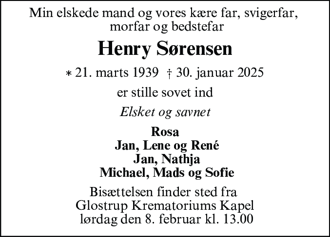 Dødsannonce for Henry Sørensen