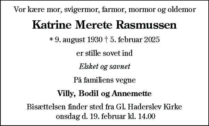 Dødsannonce for Katrine Merete Rasmussen