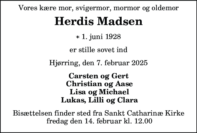 Dødsannonce for Herdis Madsen